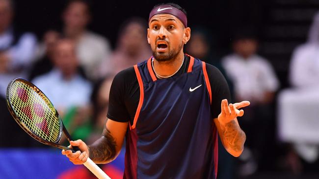 Australia's Nick Kyrgios reacts during his match with Bulgaria's Grigor Dimitrov in the 2022 World Tennis League exhibition match at Dubaiâs Coca-Cola arena in the United Arab Emirates, on December 21, 2022. (Photo by AFP)