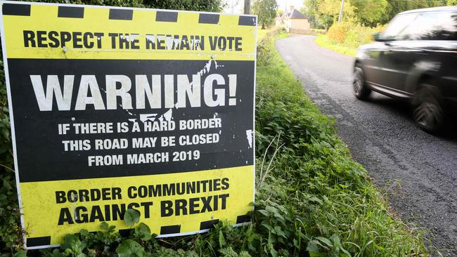 A sign protesting the potential effect of Brexit on the Ireland border on the outskirts of border town of Clones in County Monaghan. Picture: AFP.