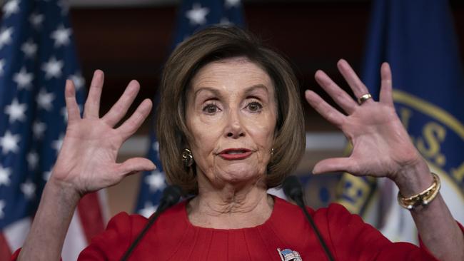 Speaker of the House Nancy Pelosi, talks to reporters on the morning after the first public hearing in the impeachment probe of President Donald Trump. Picture: J Scott Applewhite/AP