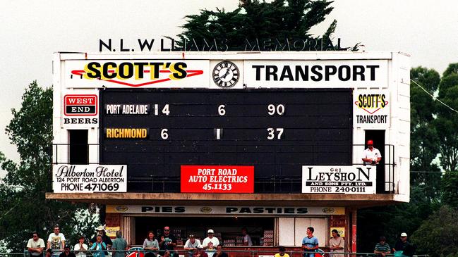 The iconic N L Williams Scoreboard at Alberton Oval was demolished this month. The scoreboard reflects an AFL trial match between Port and Richmond. Picture: Supplied