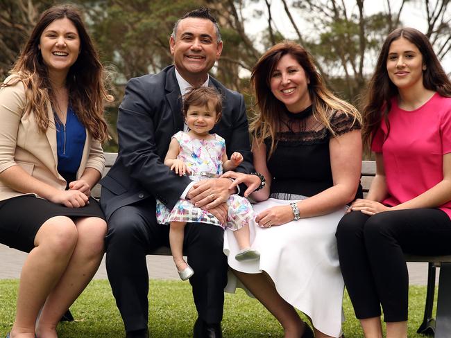 New leader of the NSW National Party John Barilaro pictured with his family today. L to R, Alessia, John holding Sofia, Deanna and Domenica.