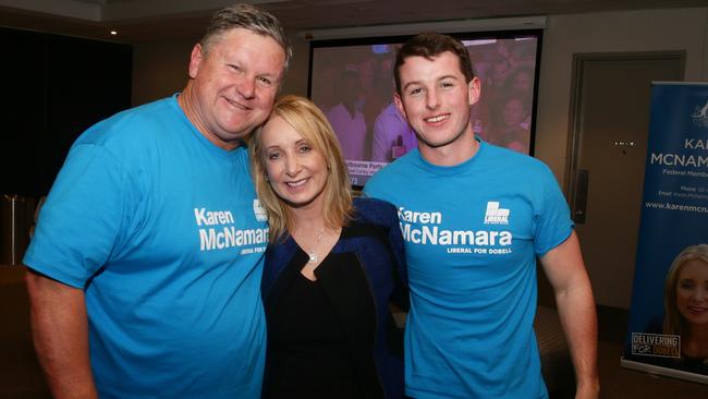 Karen McNamara with her husband John and son Cameron at her election party at Mingara Recreation Club tonight. Picture: Peter Clark