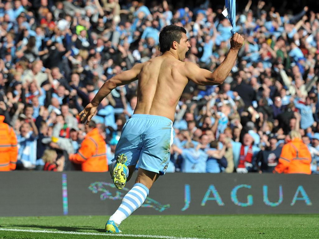 Manchester City's Sergio Aguero celebrates scoring his iconic title-winning goal. Picture: Ed Garvey/Manchester City FC via Getty Images