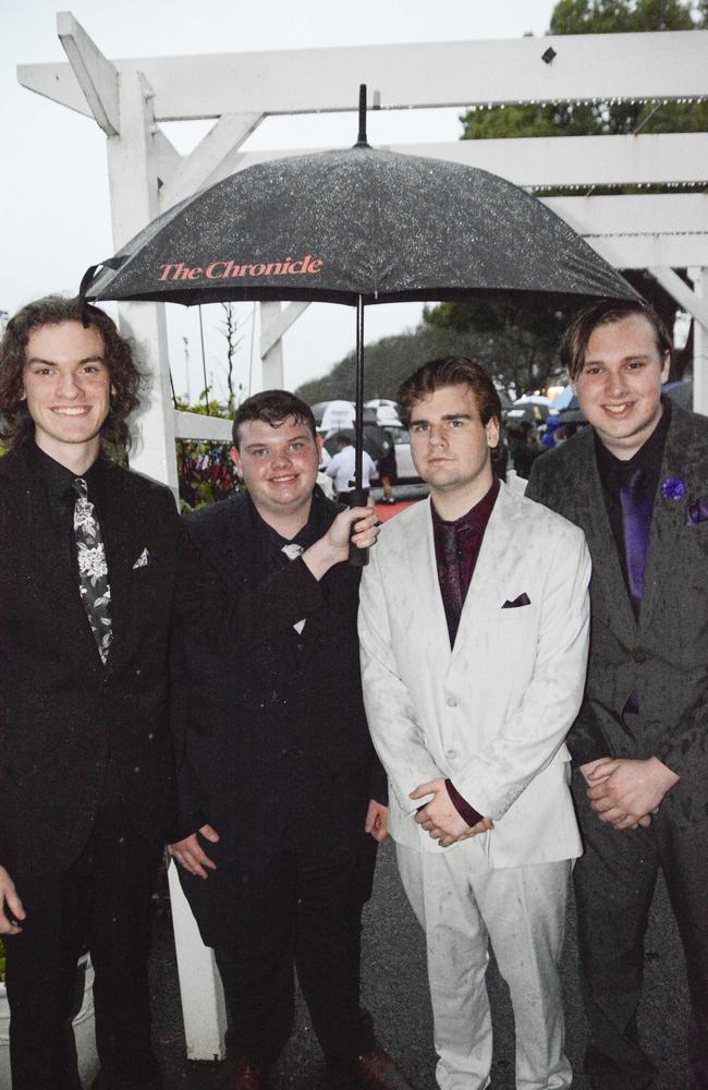 At Wilsonton State High School formal are (from left) Liam Brockman, Josh Douglas, Nate Fowler and Will Bateman at Clifford Park Racecourse, Wednesday, November 13, 2024. Picture: Tom Gillespie