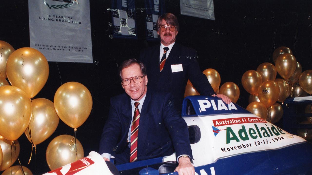 SA Premier Dean Brown and the Adelaide GP executive director Dr Mal Hemmerling at the launch of the 1994 event.