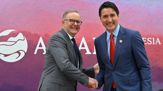 Anthony Albanese meets Canadian Prime Minister Justin Trudeau in Jakarta on Wednesday ahead of the ASEAN and East Asia summits. Picture: AAP