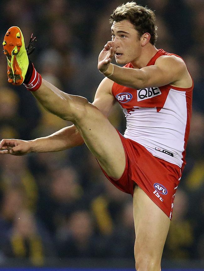 Sydney's Will Hayward kicks for goal against Sydney at Etihad Stadium. Picture: Michael Klein