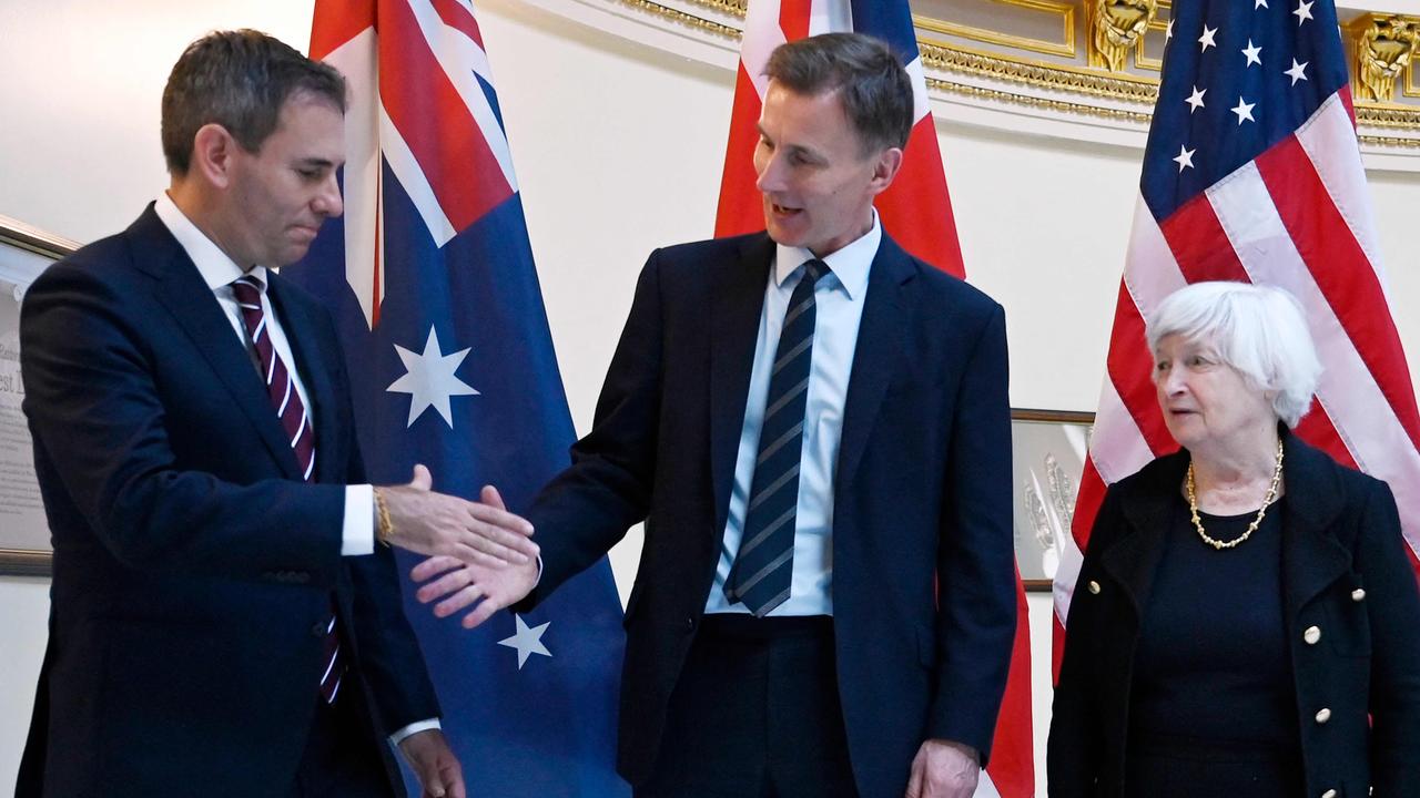 (L-R) Australia’s Treasurer Jim Chalmers with Britain’s Chancellor of the Exchequer Jeremy Hunt and US Treasury Secretary Janet Yellen following a meeting of the Five Eyes Finance Ministers at the Treasury Department in Washington, DC. Picture: AFP