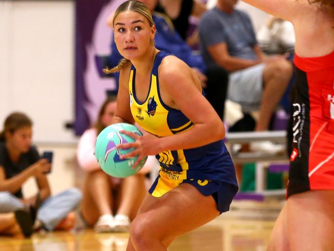 Sapphire Series netball Round 1 - Brisbane North Cougars (red) Vs Bond University Bullsharks Nathan Saturday 22nd April 2023 Picture David Clark