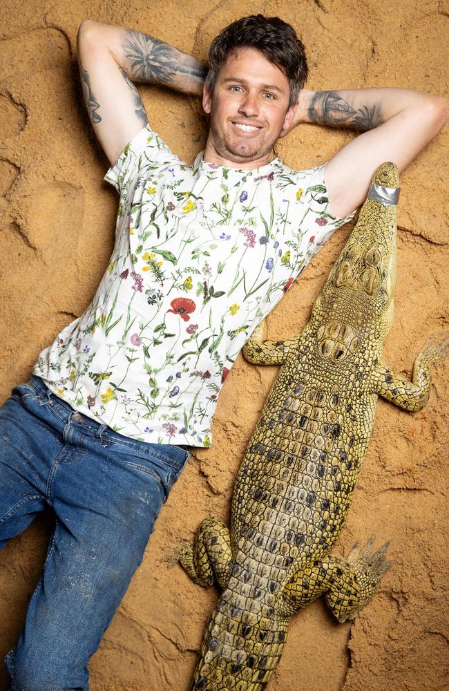 Matt with Chompers, a five-year-old two meter Saltwater crocodile. Picture: Mark Stewart