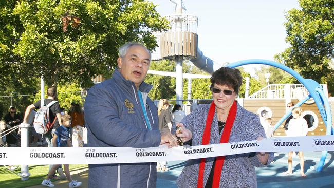 Gold Coast Mayor Tom Tate and councillor Daphne McDonald at the upgraded Pirate Park at Palm Beach Parklands. Picture: Tertius Pickard