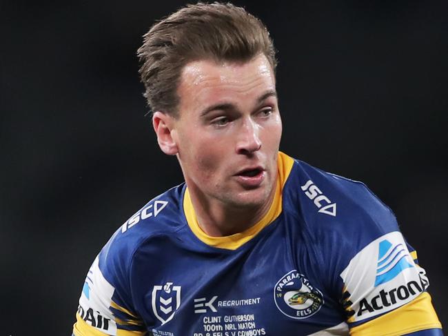 SYDNEY, AUSTRALIA - JULY 03: Clinton Gutherson of the Eels runs with the ball during the round eight NRL match between the Parramatta Eels and the North Queensland Cowboys at Bankwest Stadium on July 03, 2020 in Sydney, Australia. (Photo by Matt King/Getty Images)