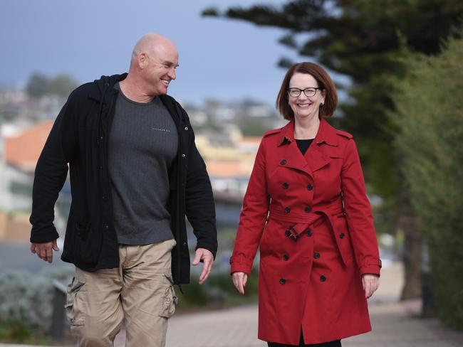 Former Prime Minister and Beyond Blue chair Julia Gillard with former footy player Scott Hodges. Picture: Naomi Jellicoe