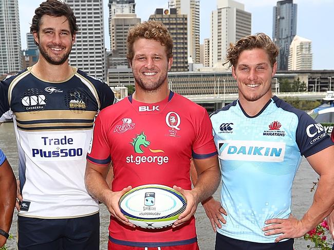 BRISBANE, AUSTRALIA - FEBRUARY 13:  Tatafu Polota-Nau of the Force, Sam Carter of the Brumbies, James Slipper of the Reds, Michael Hooper of the Waratahs and Nic Stirzaker of the Rebels,   pose during the 2017 Super Rugby Media Launch at South Bank on February 13, 2017 in Brisbane, Australia.  (Photo by Chris Hyde/Getty Images)