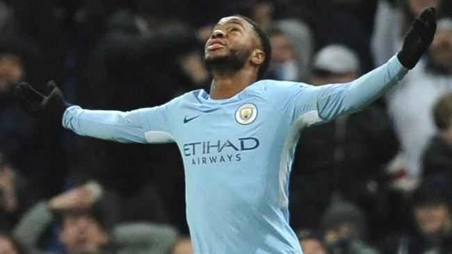 Manchester City's Raheem Sterling celebrates after scoring his side second goal during the English Premier League soccer match between Manchester City and Southampton at Etihad stadium, in Manchester, England, Wednesday, Nov. 29, 2017. (AP Photo/Rui Vieira)