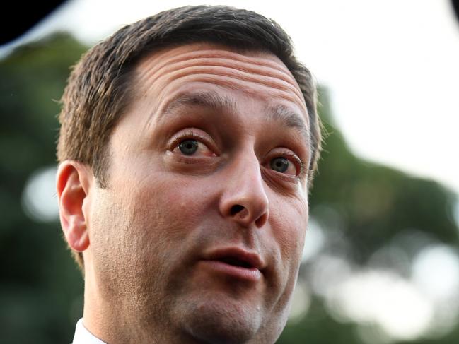 Victorian Opposition Leader Matthew Guy speaks to waiting media outside Parliament House in Melbourne, Tuesday, August 8, 2017. Mr. Guy attended a secret dinner earlier this year with the alleged head of Melbourne's mafia at a lobster restaurant in Melbourne's south-east. (AAP Image/Joe Castro) NO ARCHIVING