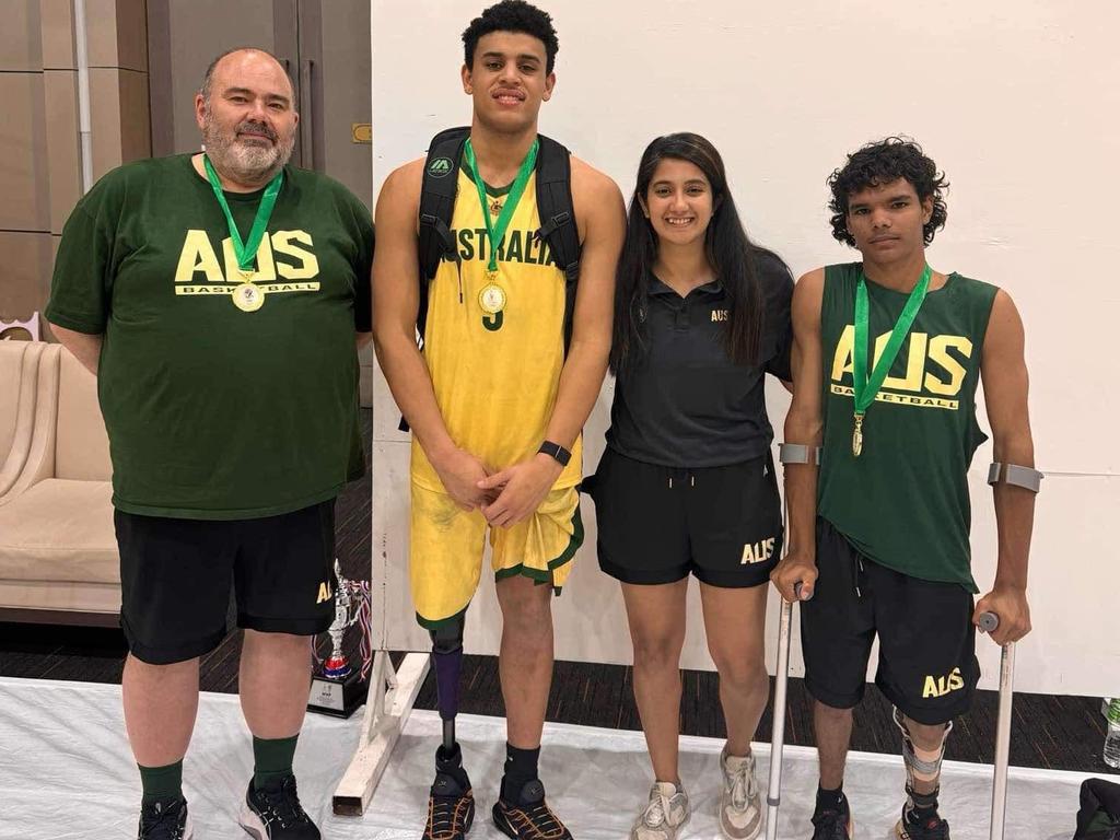 Australia Spinners under-23 wheelchair basketball team won gold at the 2024 Asia Oceania Championships in Thailand. (L-R) Jason Bryant, Jaylen Brown, Krittika Divadkar and Weston Tedcastle). Picture: Supplied.