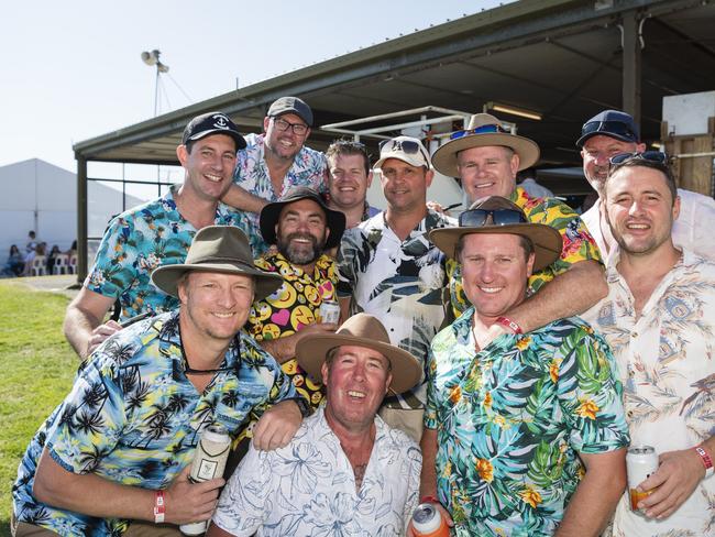 Members of the Surfers Paradise Old Boys AFL football club Andrew Robertson, Craig Graham, Wayne McEwen, Isaac Heeney, Tony Lockett, William Morrison, Chris Swan, Shannan Tate, Shane Moulden and Paul Rattkinson at Warwick Cup race day at Allman Park Racecourse, Saturday, October 14, 2023. Picture: Kevin Farmer