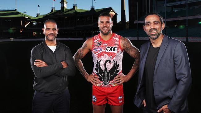 Three Swans legends: Michael O'Loughlin, Lance Franklin and Adam Goodes. Picture. Phil Hillyard