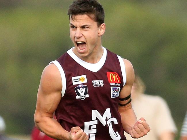 Ballarat FL footy: Melton v Sebastopol: Kyle Borg of Melton celebrates a goalSaturday, May 1, 2021, in Harkness, Victoria, Australia. Picture: Hamish Blair