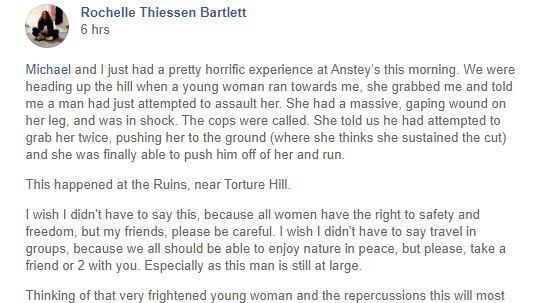 Park user Rochelle Bartlett said she helped the victim after the alleged attack. Picture: Facebook