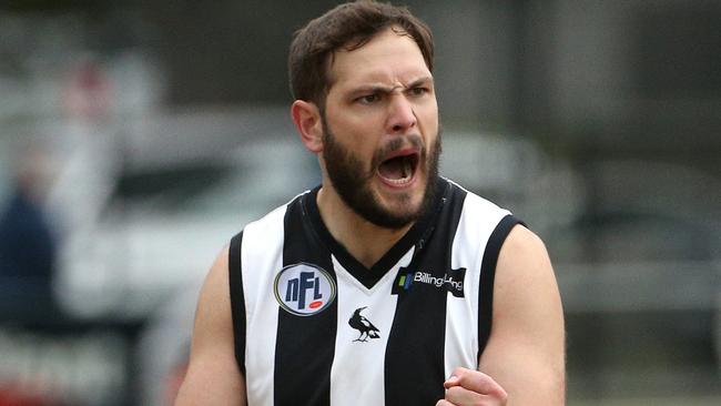 Patrick Fitzgerald celebrates a goal for Montmorency. Picture: Hamish Blair