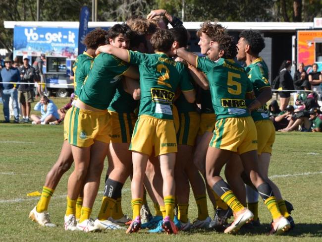 St Brendan's College players celebrate their win at the 2023 Confraternity Shield. Photo: Academy Photography