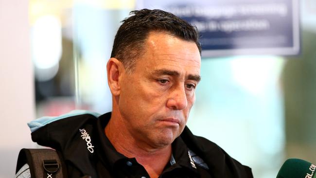 Cronulla Sharks coach Shane Flanagan pictured talking to media at Sydney Airport just before catching a flight to Melbourne for Friday's prelim final, Sydney, 20 September 2018. Picture by Damian Shaw