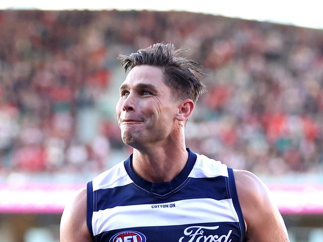 SYDNEY, AUSTRALIA - JUNE 09: Tom Hawkins of the Cats celebrates after kicking a goal during the round 13 AFL match between Sydney Swans and Geelong Cats at SCG, on June 09, 2024, in Sydney, Australia. (Photo by Brendon Thorne/AFL Photos/via Getty Images)