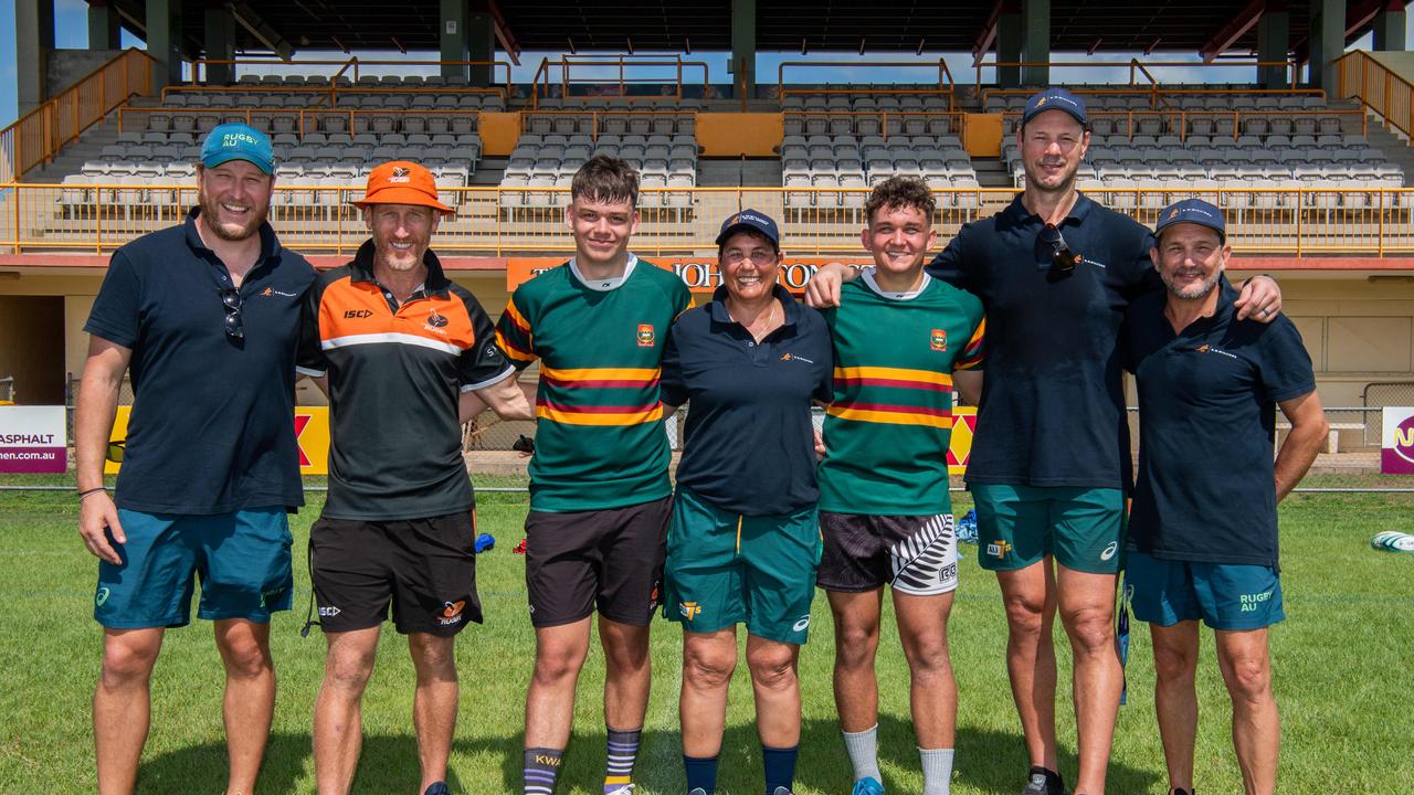 Zac Elliott, Chris Bedford, Henco Oberholzer, Shirley Russell, Luan Oberholzer, Matt Cockbain and Michael Magriplis is running a clinic in Darwin ahead of the Hottest 7s. Picture: Pema Tamang Pakhrin