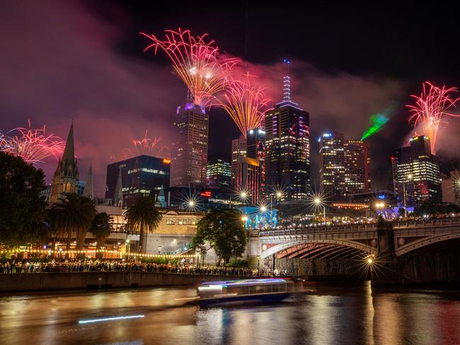 Melbourne’s skyline lit up at midnight. Picture: Mark Stewart