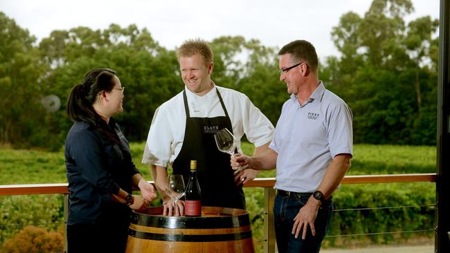 Restaurant manager Denika Sandeman, head chef Tristran Steele and general manager Wayne Butcher at Pikes Wines. Picture: Sam Wundke