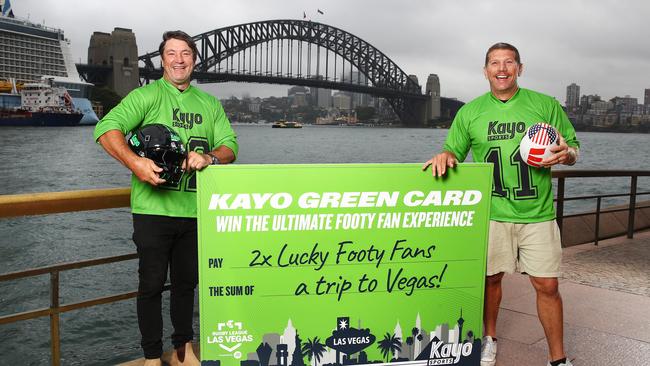 Nathan Hindmarsh and Bryan Fletcher announce Kayo Sports new competition ‘The Kayo Green Card’ which gives Kayo subscribers the opportunity to win an all-expense paid trip to Las Vegas for the NRL season opener. Photo: Kayo Sports / Brett Costello