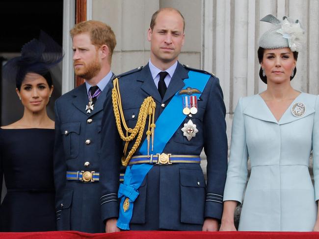 Meghan, Duchess of Sussex, with Britain's Prince Harry, Prince William and Catherine, Duchess of Cambridge, on the balcony of Buckingham Palace. Picture: Tolga Akmen / AFP.