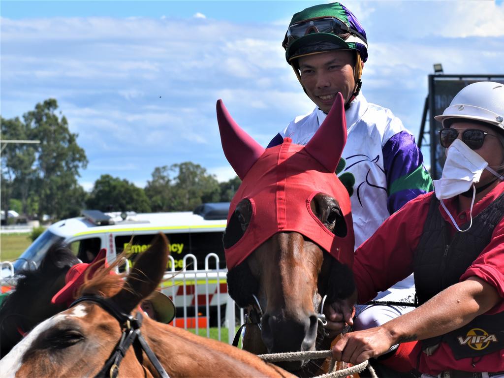 Jockey Allan Chau attempts to settle Daniel S Bowen trained Epplause in the mounting yard before it was ultimately scratched at the gates at Clarence River Jockey Club in Grafton on Tuesday, 2nd February, 2021. Photo Bill North / The Daily Examiner