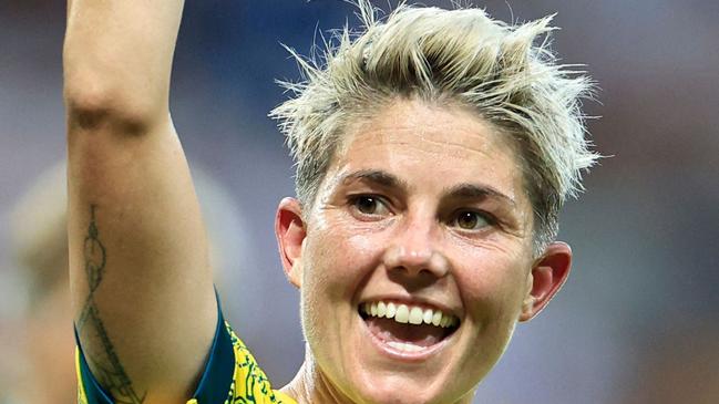 Australia's forward #02 Michelle Heyman celebrates her team's victory after the women's group B football match between Australia and Zambia during the Paris 2024 Olympic Games at the Nice Stadium in Nice on July 28, 2024. (Photo by Valery HACHE / AFP)