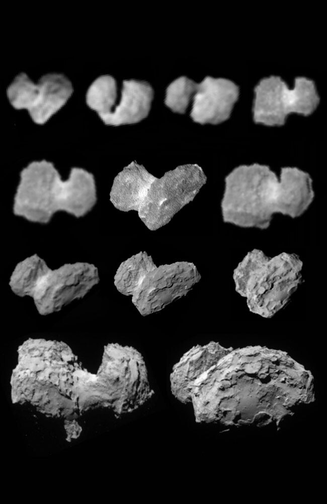 Tough touchdown ... Rosetta’s lander, Philae, will find it difficult to find a smooth space to land on the comet’s surface. Pictures: ESA