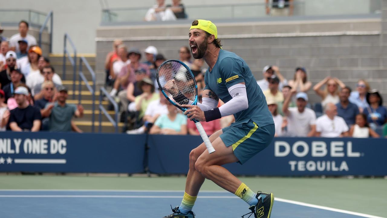 NEW YORK, NEW YORK - AUGUST 29: Jordan Thompson of Australia celebrates a point against Hubert Hurkacz of Poland during their Men's Singles Second Round match on Day Four of the 2024 US Open at USTA Billie Jean King National Tennis Center on August 29, 2024 in the Flushing neighbourhood of the Queens borough of New York City. (Photo by Mike Stobe/Getty Images)