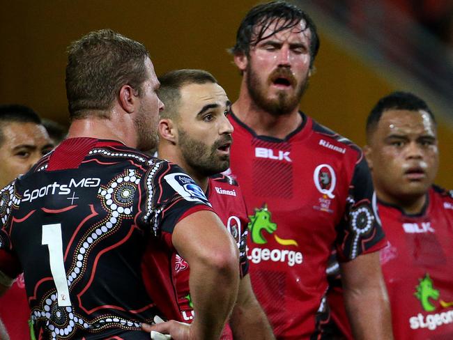 Nick Frisby is controversially sin binned after a try saving tackle on Lachlan Boshier during the Super Rugby game, Reds V Chiefs at Suncorp Stadium in Brisbane. Pics Adam Head