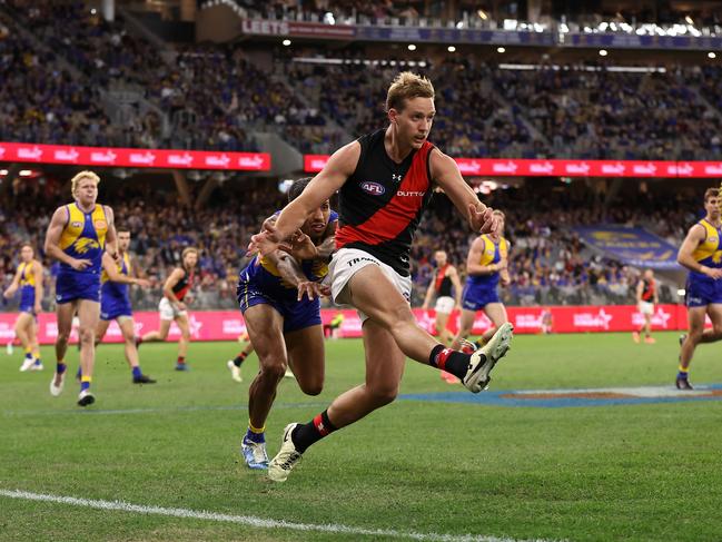 PERTH, AUSTRALIA - MAY 04: Darcy Parish of the Bombers in action during the round eight AFL match between West Coast Eagles and Essendon Bombers at Optus Stadium, on May 04, 2024, in Perth, Australia. (Photo by Paul Kane/Getty Images)