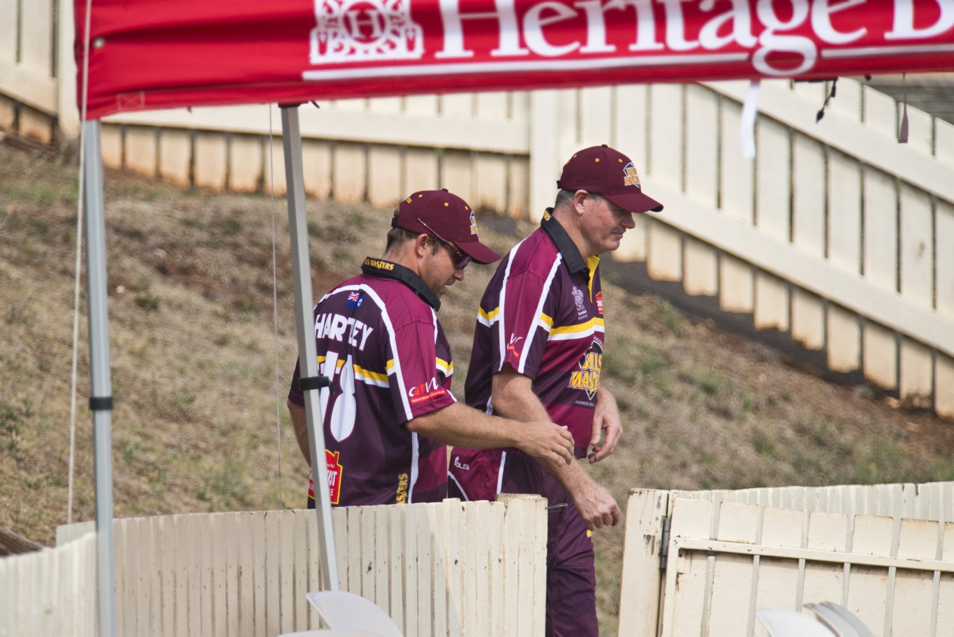 Bulls Masters players Chris Hartley (left) and Chris Swan during the game against Australian Country XI in Australian Country Cricket Championships exhibition match at Heritage Oval, Sunday, January 5, 2020. Picture: Kevin Farmer