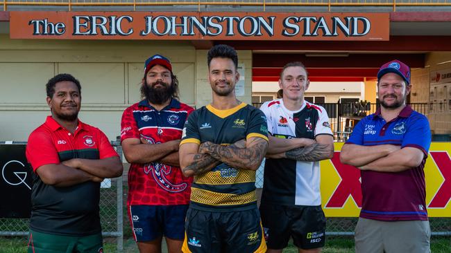 Dylan Solien (South Darwin), Thomas Roe (Palmerston Crocs), Liam Walker (Darwin Dragons), Stylianos Vrontos (University Pirates) and Mark Gillam (Swamp Dogs) ahead of the 2024-25 Darwin Rugby Union season. Picture: Pema Tamang Pakhrin