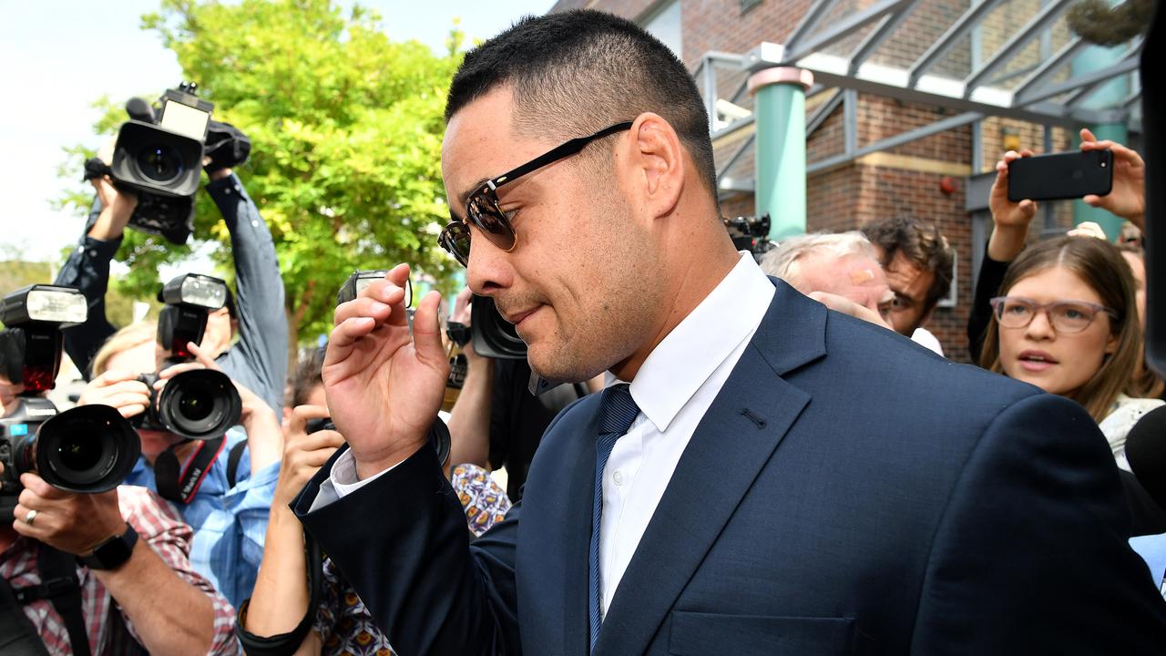 Jarryd Hayne leaves Burwood Local Court after he was charged with sexual assault and inflicting bodily harm following an alleged sexual encounter in NSW. Picture: AAP