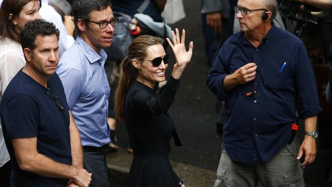 In Australia ... Angelina Jolie on set in Pitt St, Sydney, filming her movie, Unbroken. Picture: Bradley Hunter