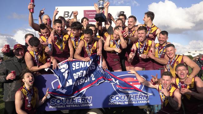 Murrumbeena celebrate its senior premiership. Picture: Valeriu Campan