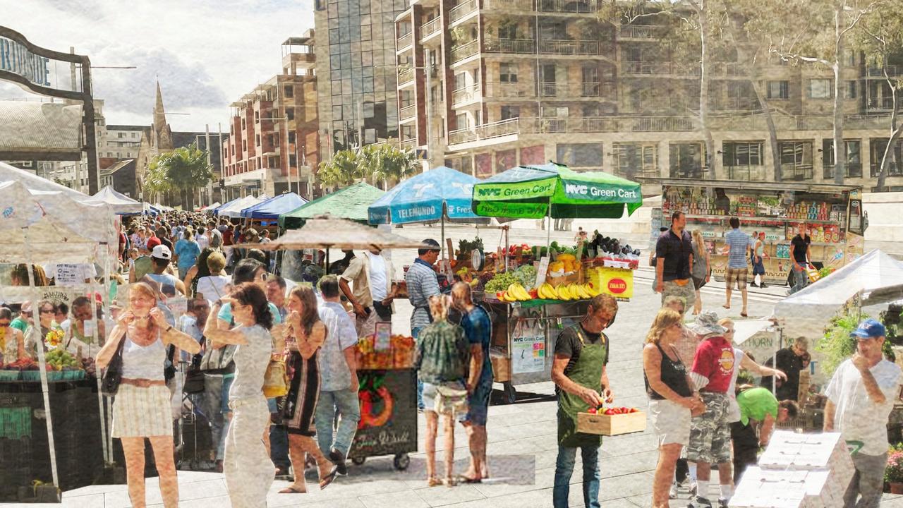 An artist’s impression for the Lennox Bridge markets at Parramatta, near the Riverside Theatres. Image: Grace Borger