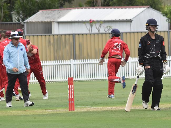 St George celebrates the run out of Frederick Bell. Picture: Sean Teuma