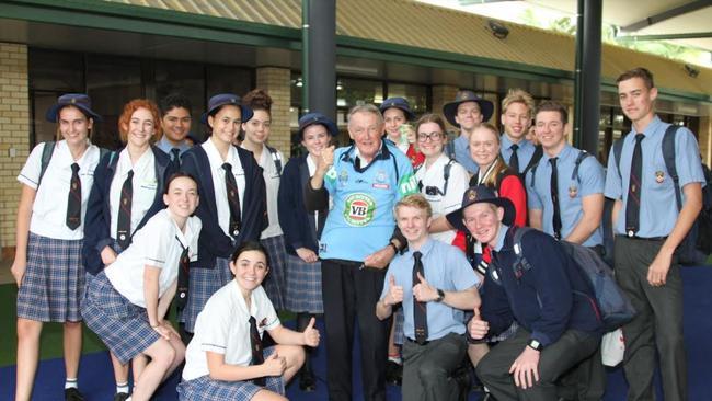 REMEMBERING BR ROCHFORD: Senior Class of 2017 presenting a Blues jumper to Brother Rochford who loved sport and rugby league. He also loved Manley and was a big supporter of Confraternity Rugby League.