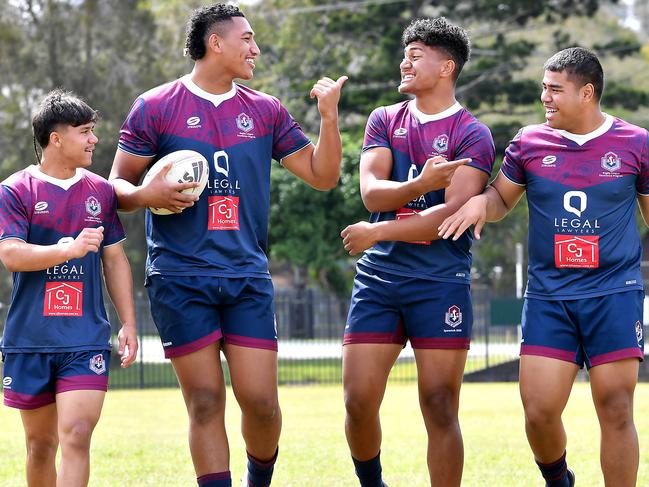 Fullback Tyler Peckham-Harris and Forward Loko Pasifiki Tonga with Ahmani Leilua and Tre Alofa-Fotu are part of the Ipswich SHS team that are in the national schoolboy rugby league grand final. Thursday September 8, 2022. Picture, John Gass