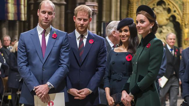 Prince William, Duke of Cambridge and Catherine, Duchess of Cambridge, Prince Harry, Duke of Sussex and Meghan, Duchess of Sussex attend a service marking the centenary of WW1 armistice at Westminster Abbey.